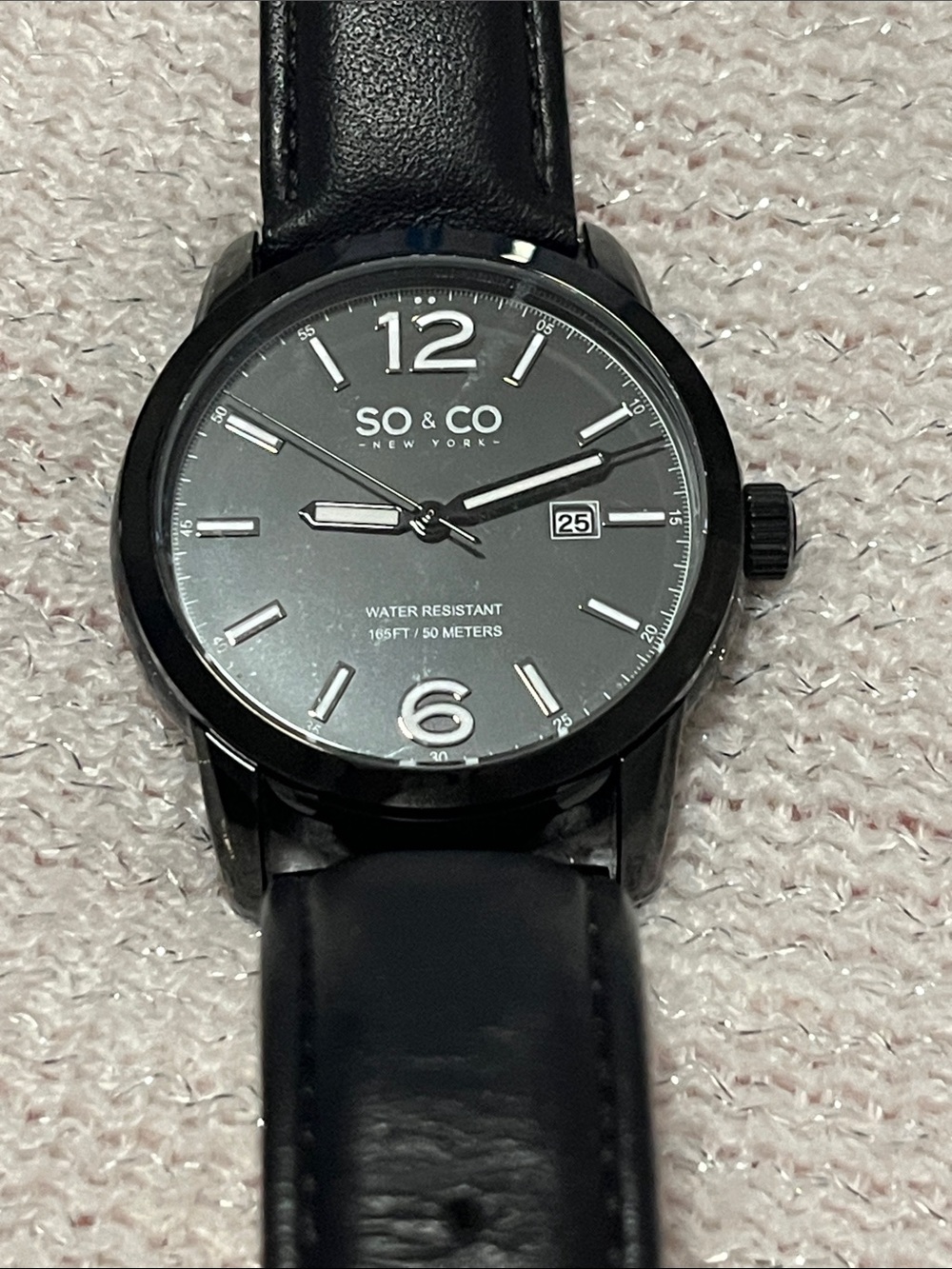 SO & CO New York Black Leather Strap Watch - Black Dial
